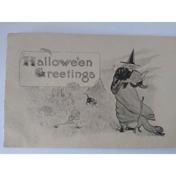 Halloween Postcard Fantasy Running Goblins Witch Black Cat Hay Barton & Spooner - Picture 4 of 5